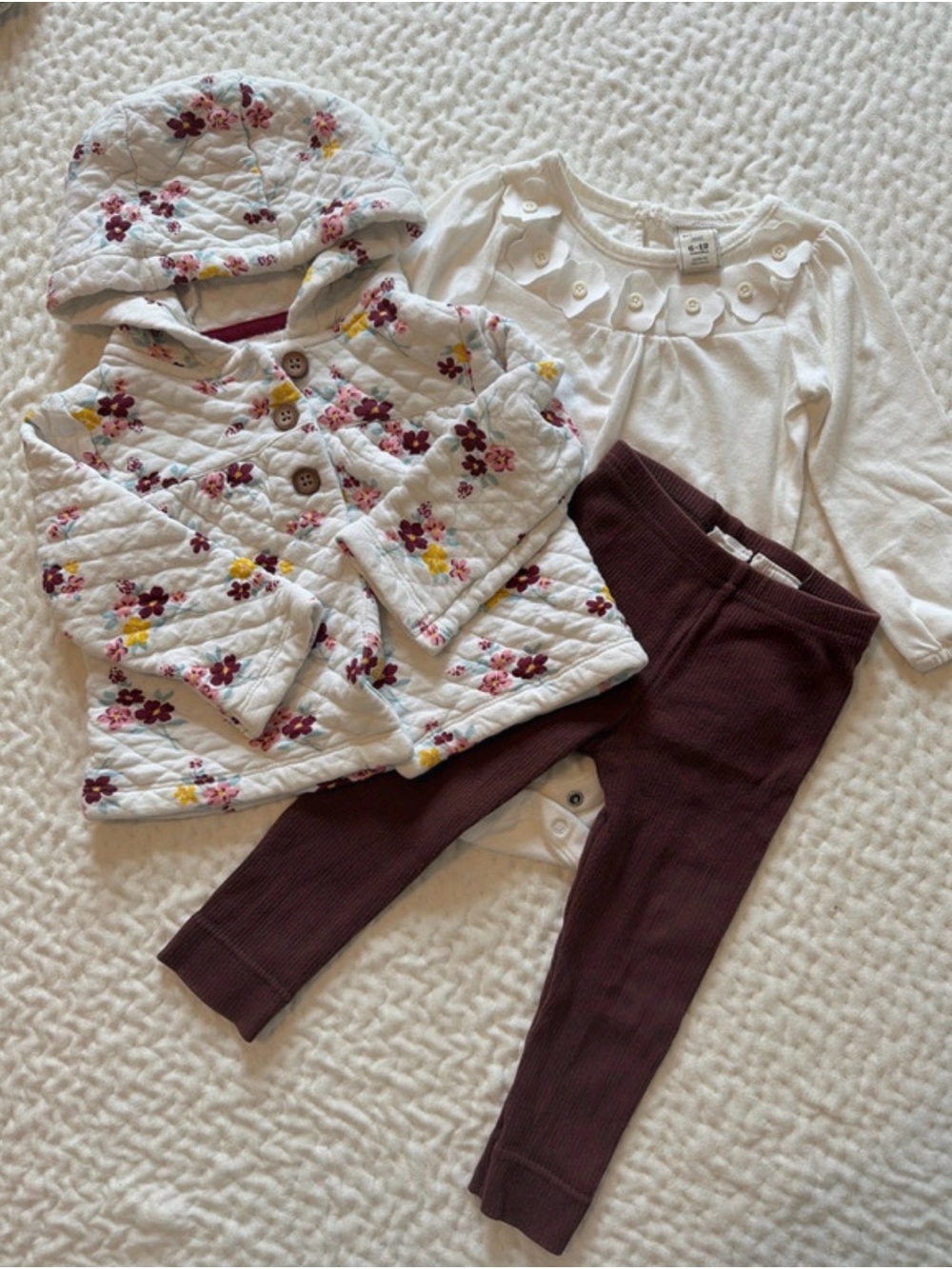 Quilted Floral Hooded Jacket with Cream Top & maroon Leggings